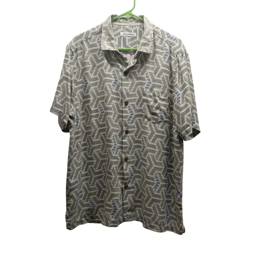 Tommy Bahama Men's Size Large Gray Blue Geometric Button Up Silk Blend Shirt